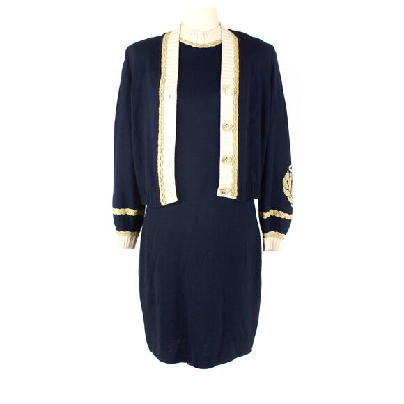 St. John Collection Dress Jacket Set Santana Knit Navy Gold Sweater Cardigan S - Picture 1 of 9